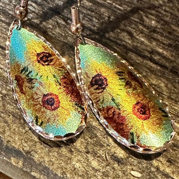 Handmade Boho Copper Earrings, Diamond Cut Van Gogh Sunflowers Earrings, Gift B - Picture 7 of 10